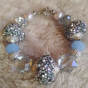 Handmade Blue Purple Druzy Crystal Silver & Pearls Bracelet